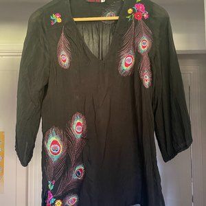 Johnny Was black peacock feather embroidered blouse.